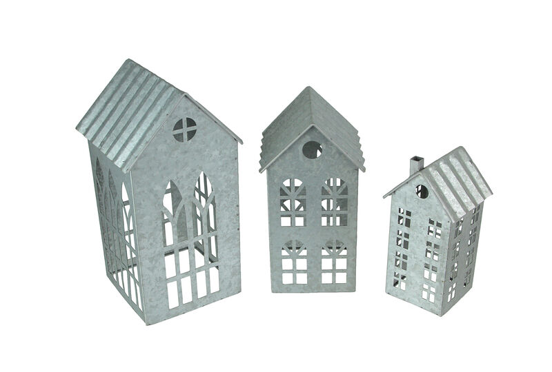 Set of 3 Country Farmhouse Galvanized Metal House Shaped Candle Holders image number 0