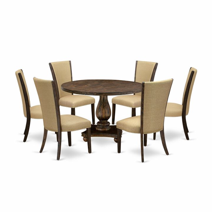 East West Furniture I2VE7-703 7Pc Dinette Set - Round Table and 6 Parson Chairs - Distressed Jacobean Color