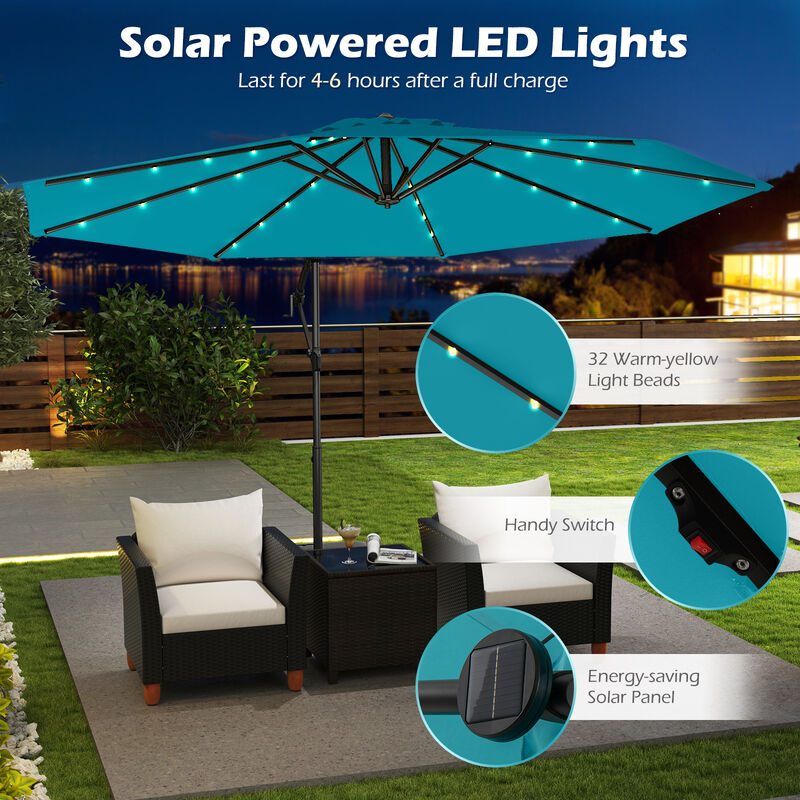 Solar Offset Umbrella with 32 LED Lights &ndash; Hanging Patio Shade with Base
