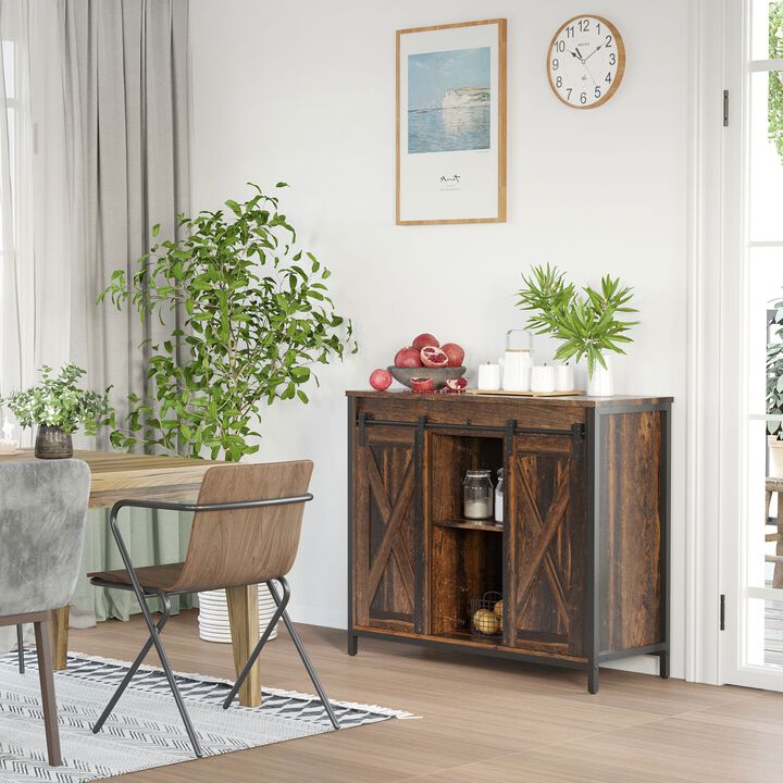 Industrial Sideboard, Buffet Cabinet with Sliding Barn Doors, Storage Cabinets and Adjustable Shelves for Living Room, Rustic Brown in a dining room setting