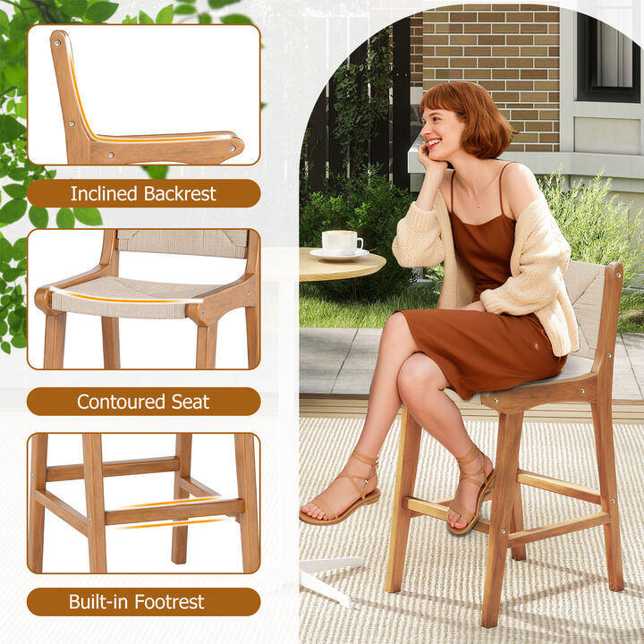 Outdoor Counter Height Bar Stools Set of 4 with Woven Rope Seat and Teak Wood Frame
