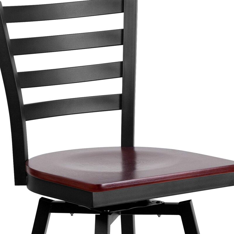 Flash Furniture HERCULES Series Black Ladder Back Swivel Metal Barstool - Mahogany Wood Seat