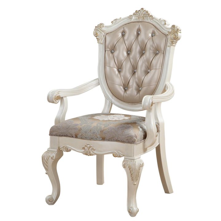 Wooden Arm Chair with Floral Patterned Padded Seat, Set of 2,White and Gold-Benzara