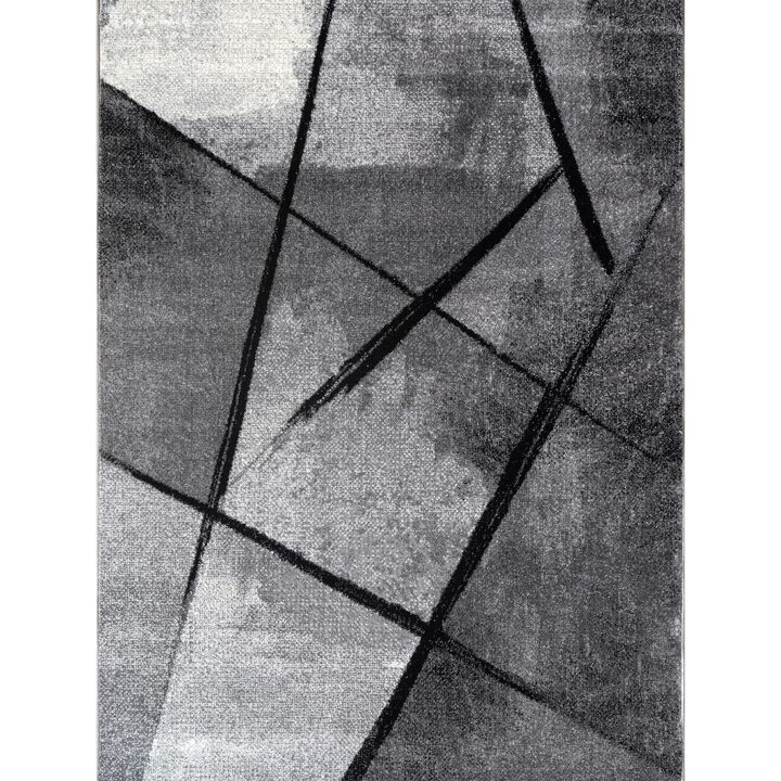 Modern Abstract Area Rug with Black Stripes and Grey Shades
