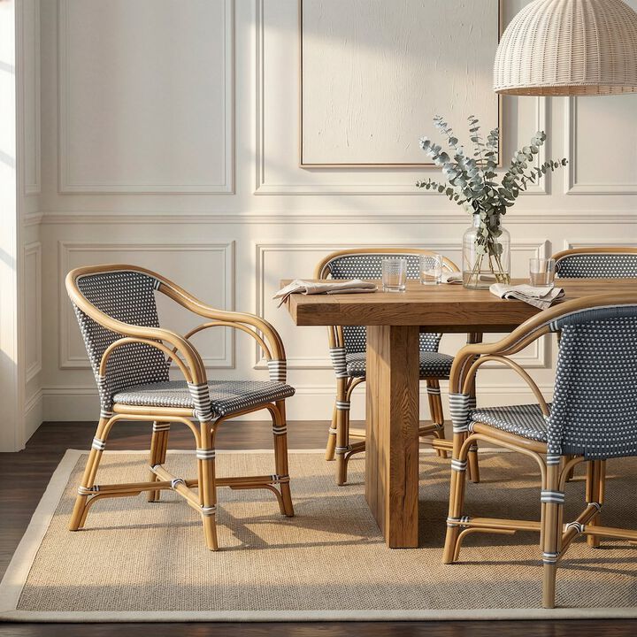 Butler Specialty Portofino 18.75 in. Seat Height Rattan Arm Chair, White and Navy