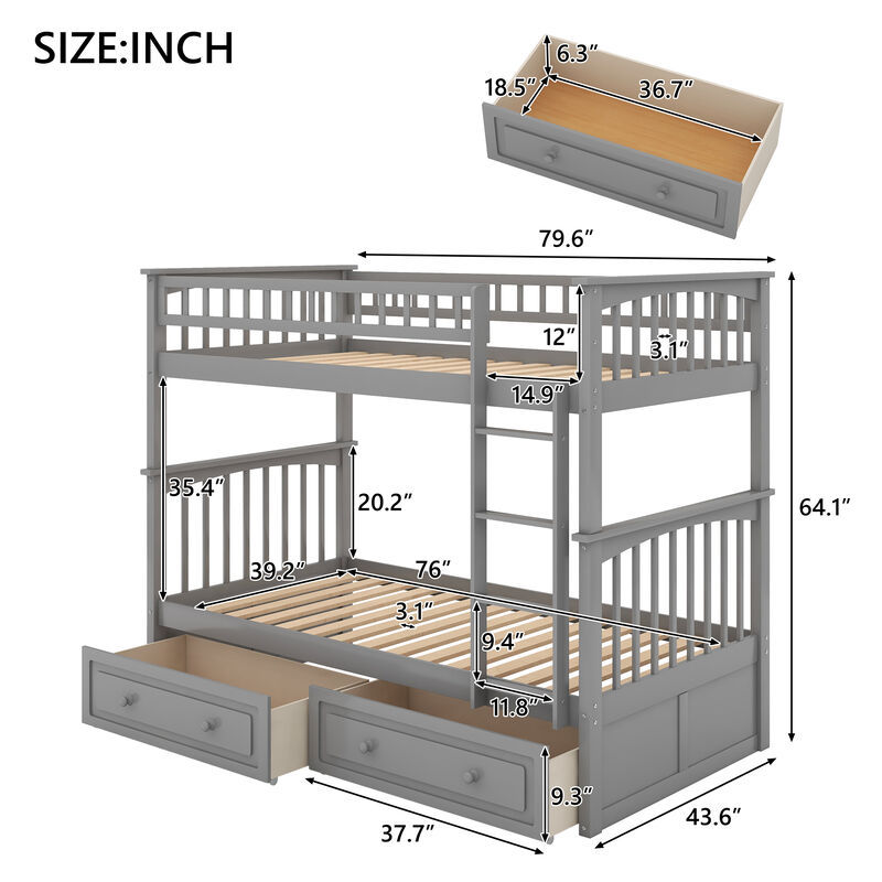 Whisen Twin over Twin Bunk Bed with Drawers, Convertible Beds - Gray