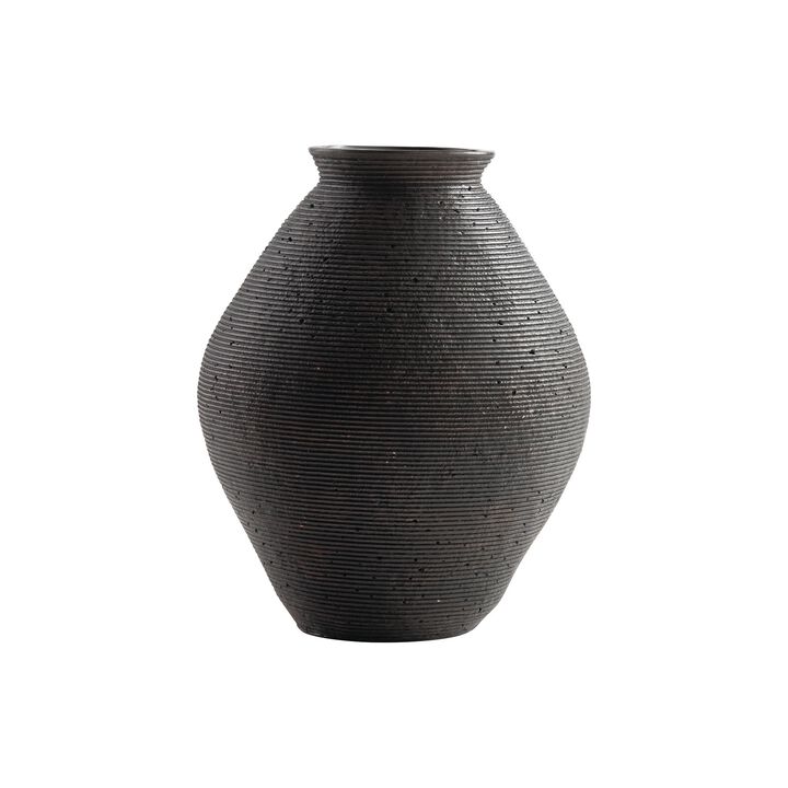 Dale 12 Inch Round Polyresin Vase, Wavy Ribbed Spiral Texture Antique Brown - Benzara