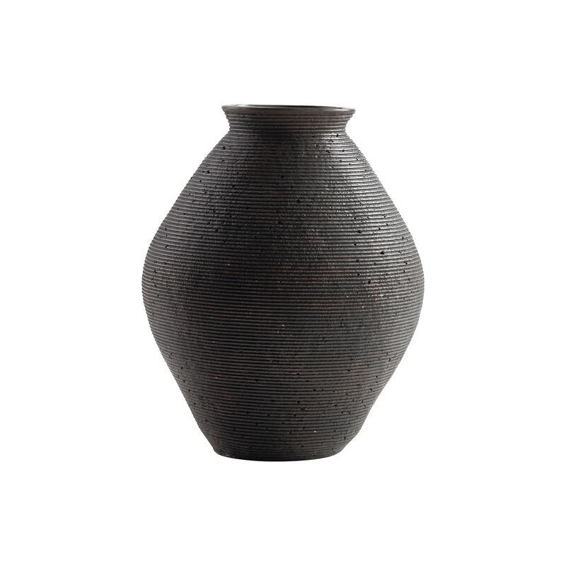 Dale 12 Inch Round Polyresin Vase, Wavy Ribbed Spiral Texture Antique Brown - Benzara