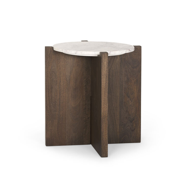 HomeRoots 22" White and Brown Stone and Wood Tray Table