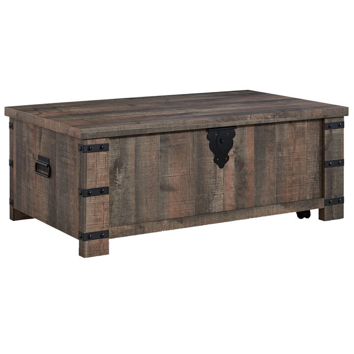 Classic 47 Inch Coffee Table, Lift Top Concealed Storage, Rustic Brown Wood-Benzara