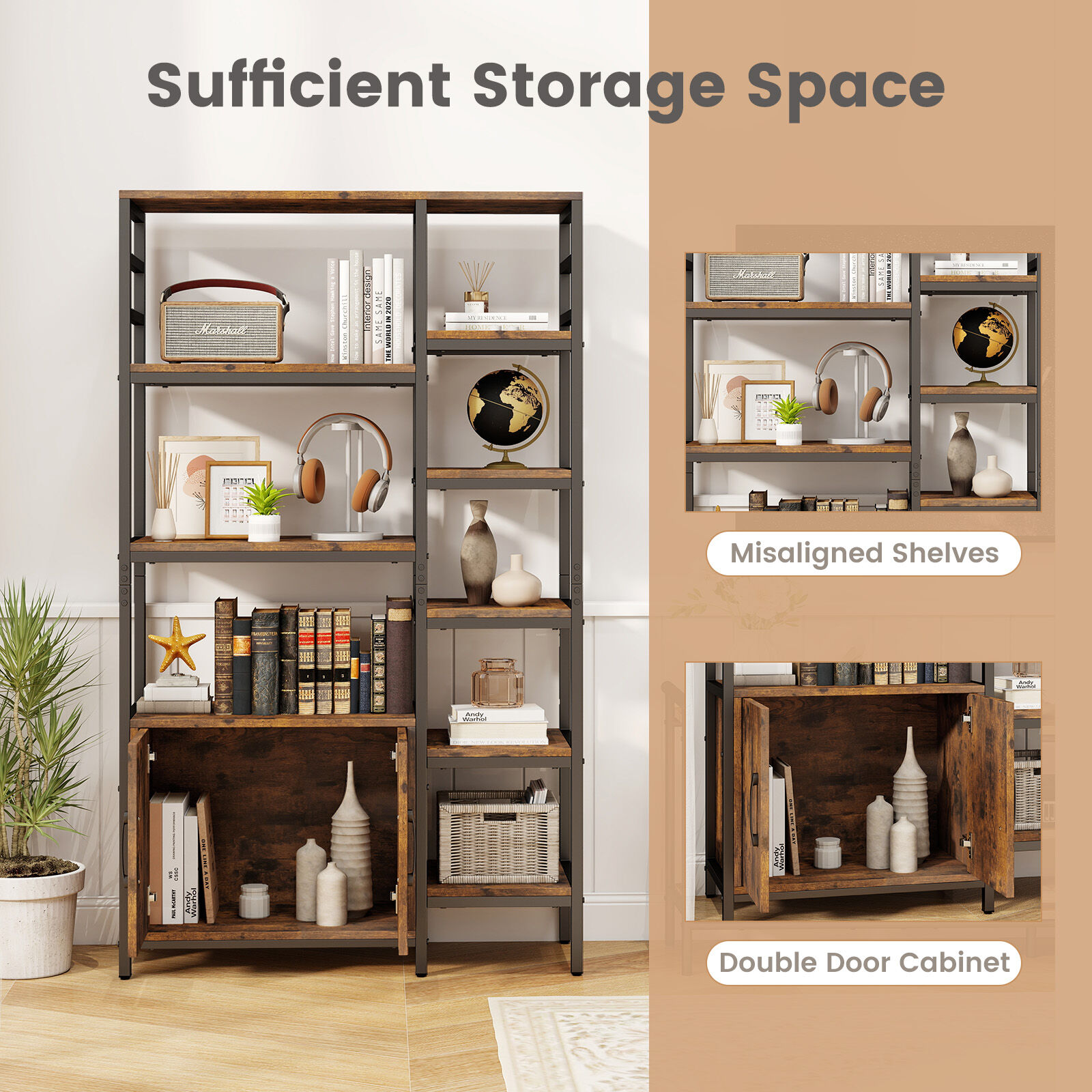 Double Wide 8-Tier Open Shelf Bookcase with Enclosed Cabinet