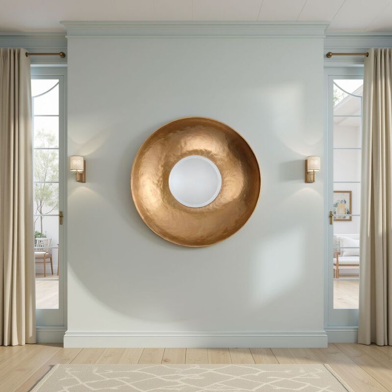 Rea Decorative Wall Mirror, 27 Inch Round Burnished Gold Frame - Benzara