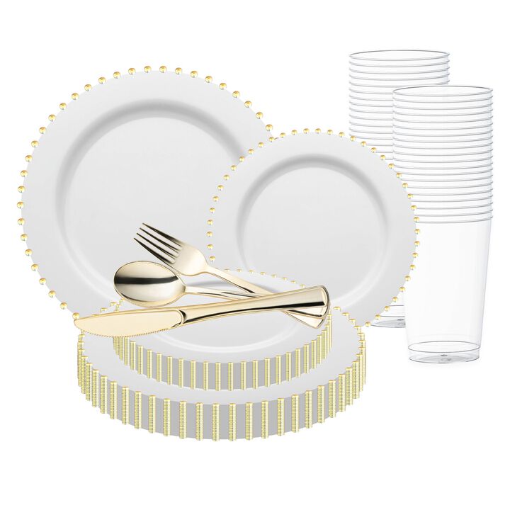 White with Gold Pearl String Round Plastic Wedding Value Set (120 Sets)