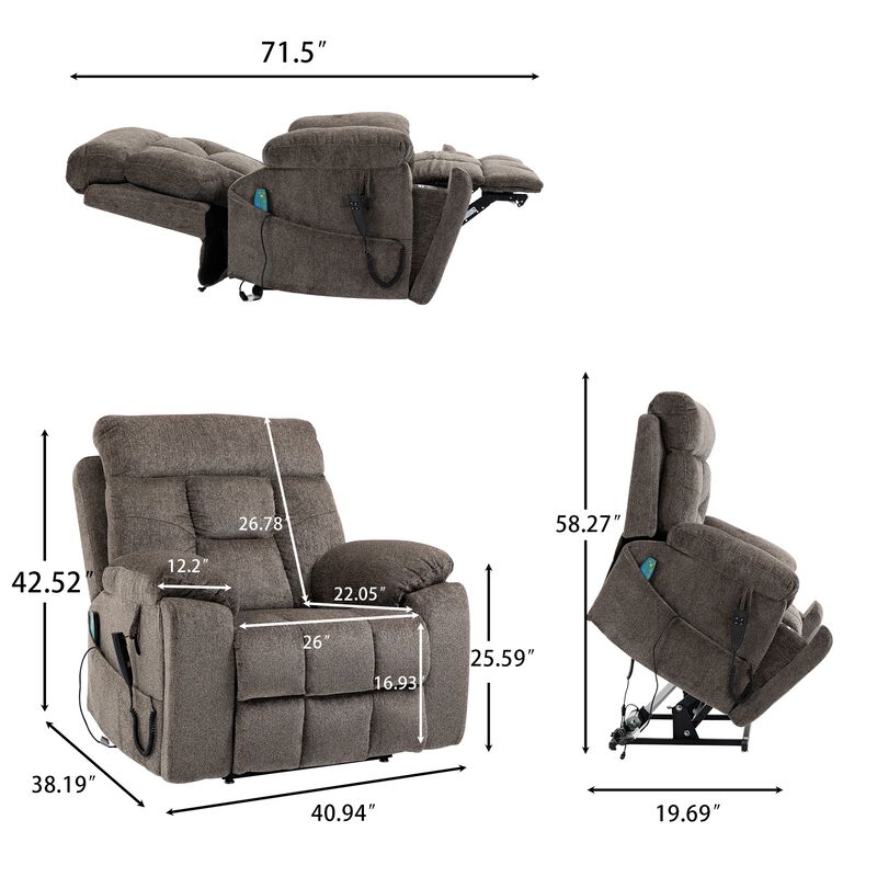 Electric Lift Recliner Chair with Heating and Massage, Power Lift Sofa Chair with 2 Cup Holders, Storage Pocket, 2 remote controls image number 2