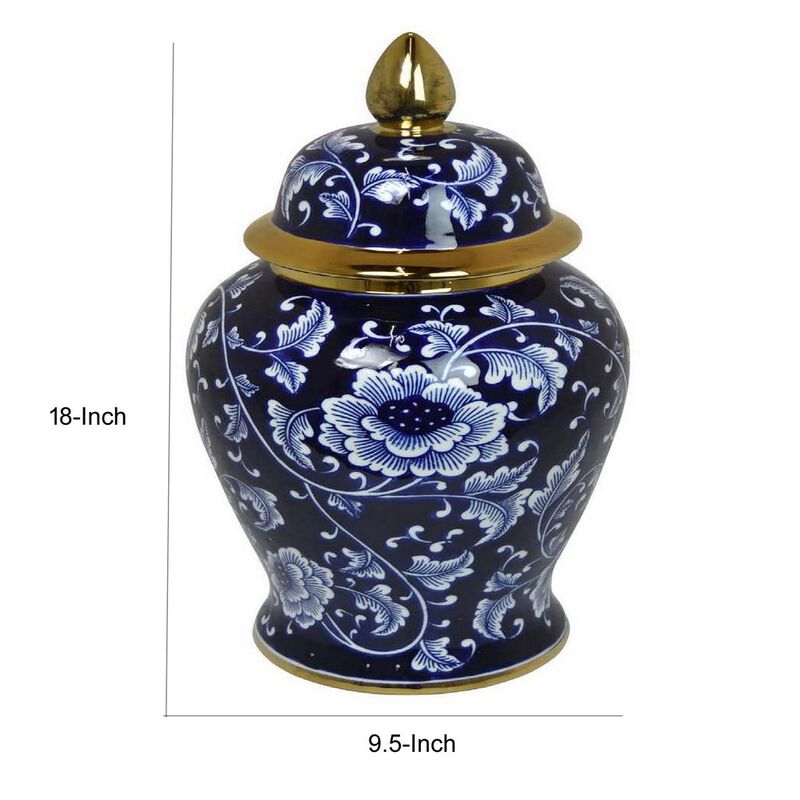 Sen 18 Inch Ceramic Temple Jar with Lid, Blue and White Floral Design, Gold - Benzara