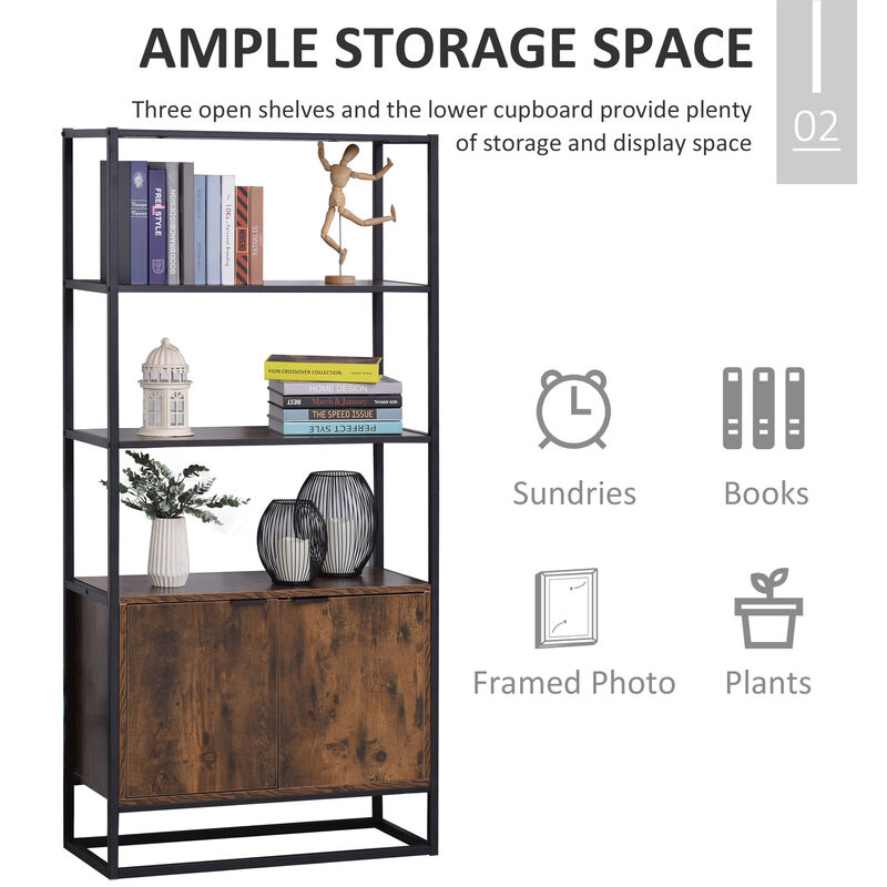 Tall Wooden Rustic 3-Tier Open Space Shelving with Bottom Hutch Storage Unit