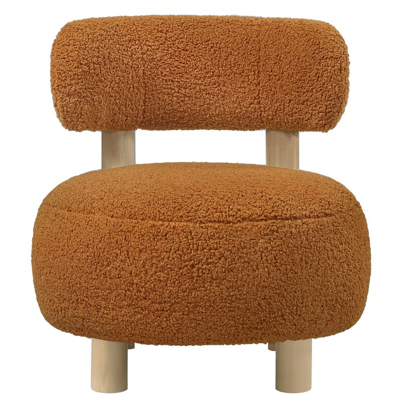 Zona Accent Chair, Barrel Back, Orange Boucle Fabric and Brown Wood - Benzara