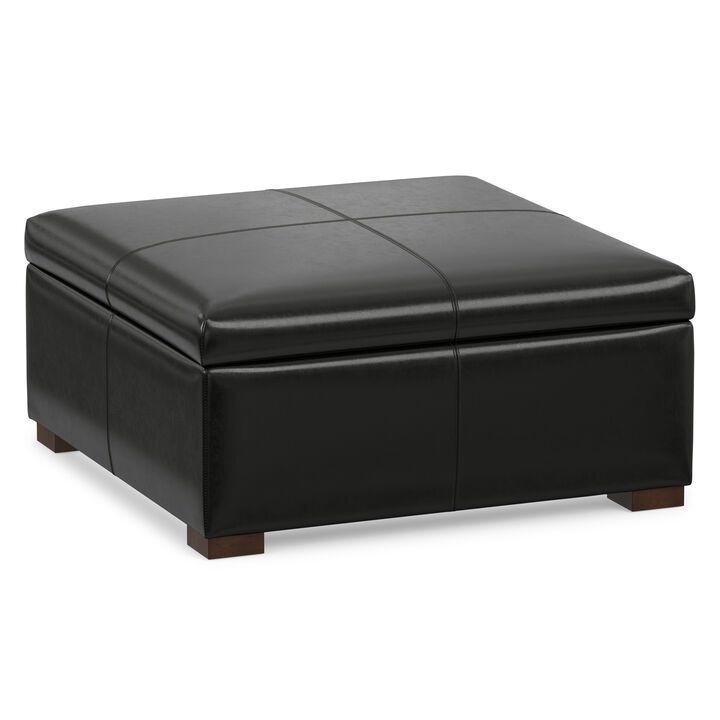 Gabbie 36 inch Wide Contemporary Square Square Coffee&nbsp;Table Storage Ottoman in  Midnight Black PU Black faux leather, Assembled