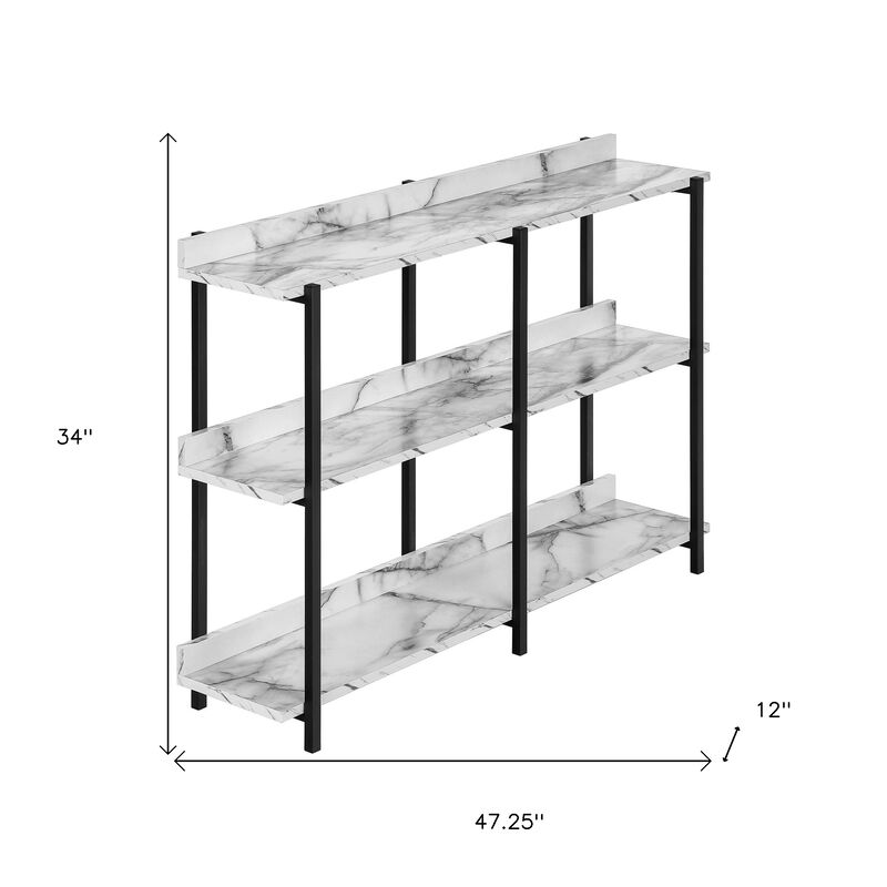 HomeRoots 47" White and Black Wood and Metal Faux Marble Console Table With Three Shelves image number 6