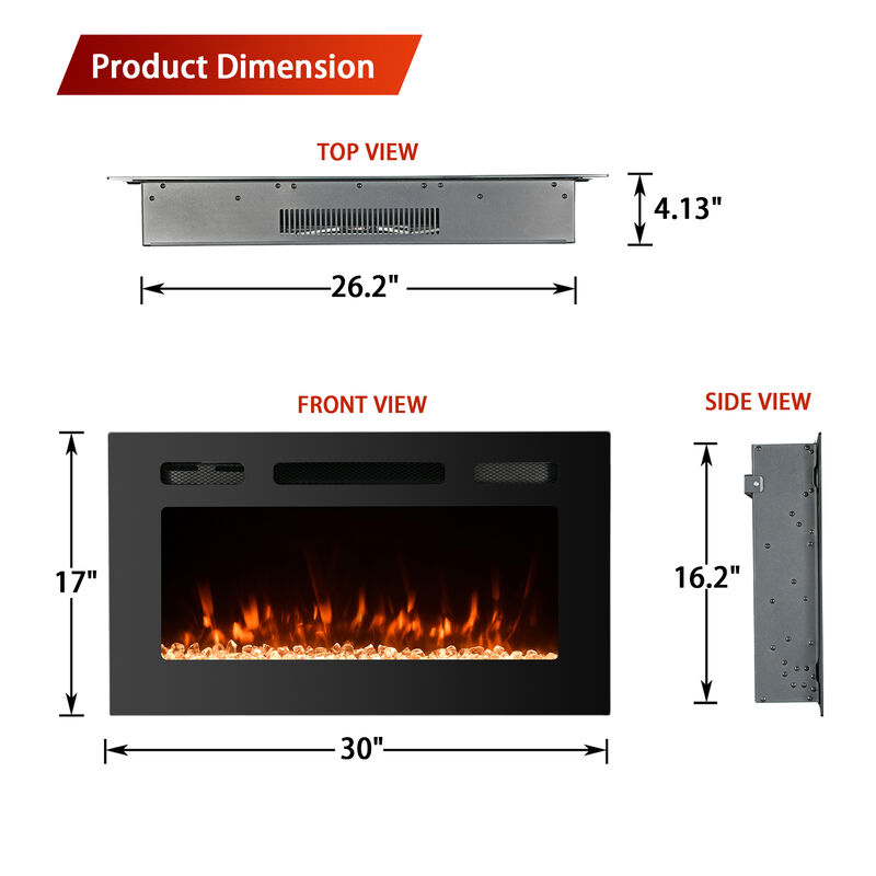 MONDAWE 30" Recessed Wall-Mounted Electric Fireplace 5000 BTU Heater with Remote Control
