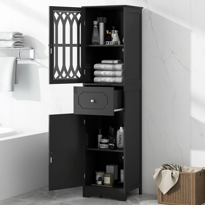 Whisen Retro Tall Bathroom Cabinet, Freestanding Storage Cabinet with Drawer, Fence-style Glass Door and Adjustable Shelf