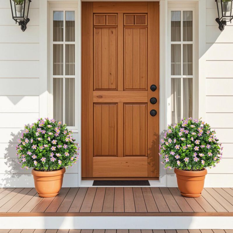 Hivvago 2 Pack Artificial Boxwood Topiary Ball Tree Faux Shrub Bushes with Flowers