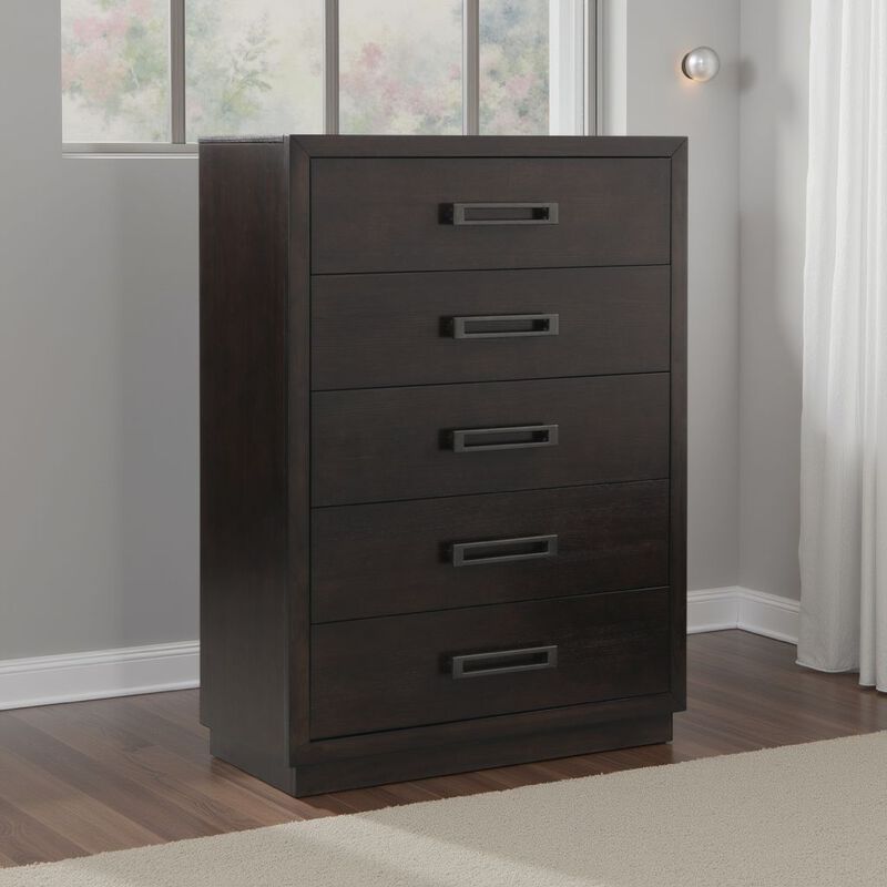 Tey Tall Dresser Chest, 5 Drawers w Metal Handles, Gray Ash Veneer - Benzara
