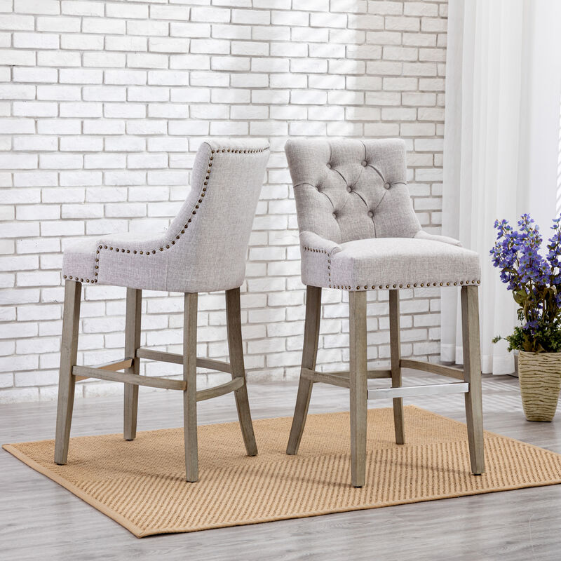 WestinTrends 29" Linen Fabric Tufted Upholstered Bar Stool (Set of 2), Antique Grey