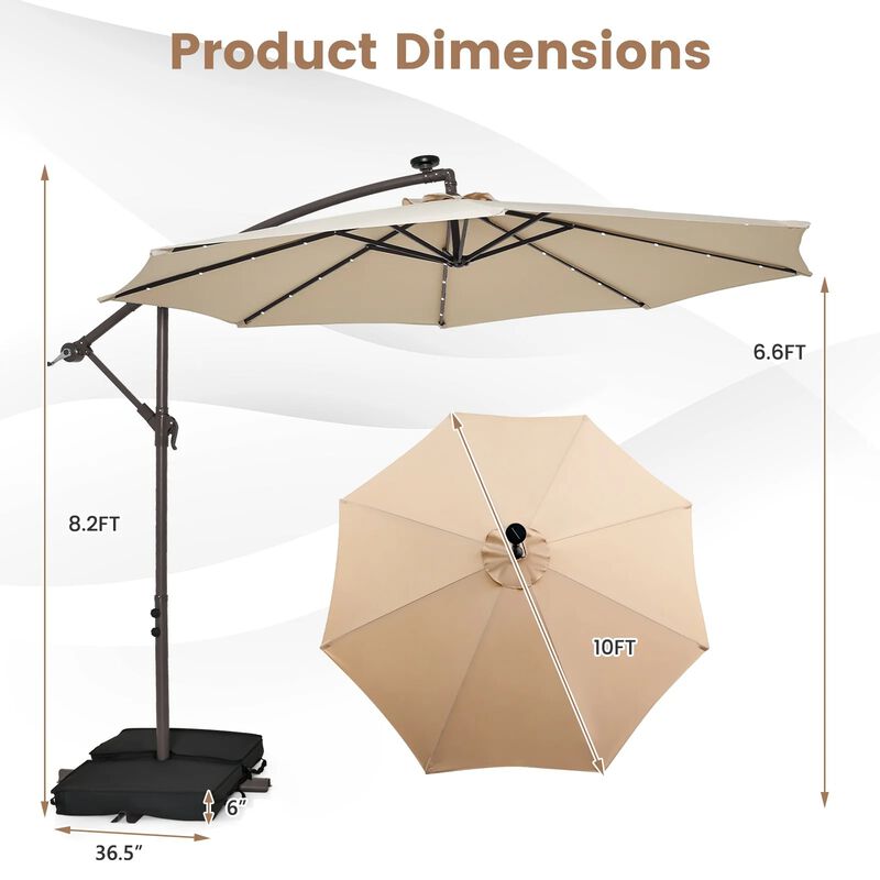 Mondawe 10 Feet Cantilever Umbrella with 32 LED Lights and Solar Panel Batteries