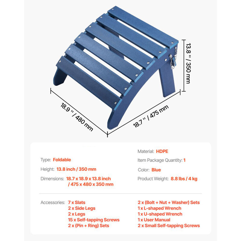 Outdoor Adirondack Ottoman, HDPE Plastic Foot Rest for Porch, Pool & Backyard - Blue image number 2
