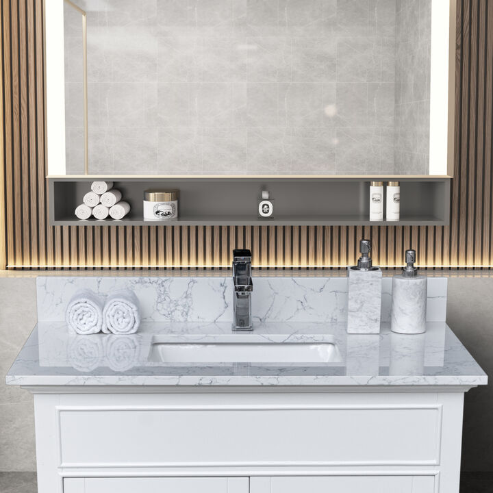 31" x 22" bathroom stone vanity top Carrara jade engineered marble color with undermount ceramic sink and single faucet hole with backsplash