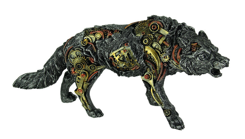 Metallic Silver Finish Mechanical Steampunk Timber Wolf Statue image number 0