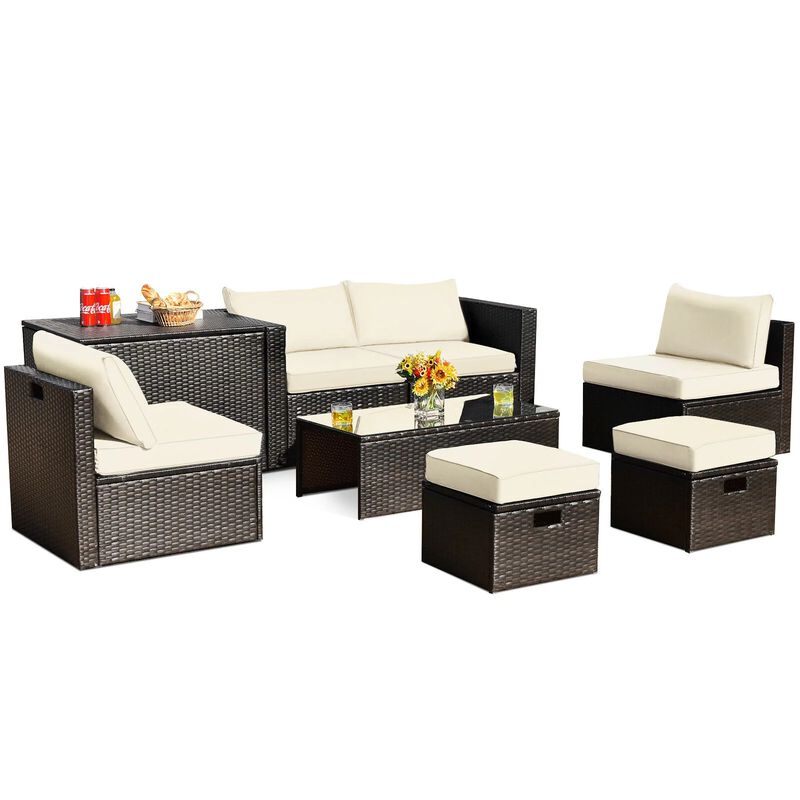 Mondawe 8 Pieces Patio Space-Saving Rattan Furniture Set with Storage Box and Waterproof Cover