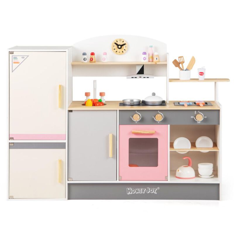 Hivvago Kids Play Kitchen Set with Realistic Range Hood and Refrigerator