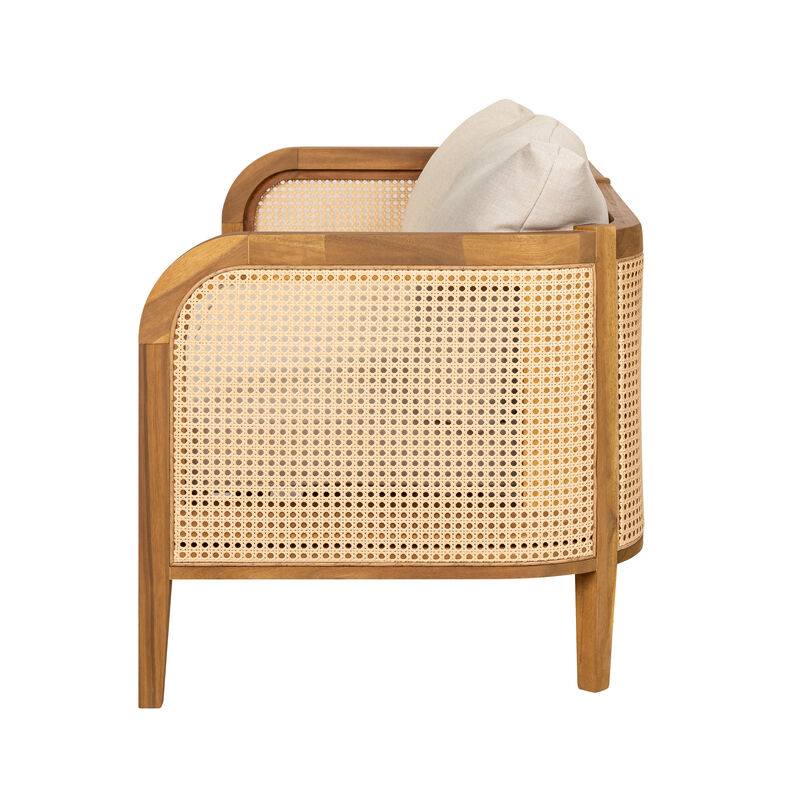 Christopher Knight Home Andrew 56" Patio Rustic Acacia Wood Upholstered Sofa with Rattan-Wrapped Frame