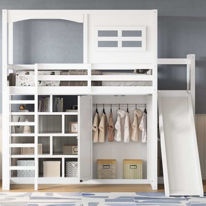 Merax Twin Size White Wooden House Loft Bed with Wardrobe, Storage Shelf image number 3