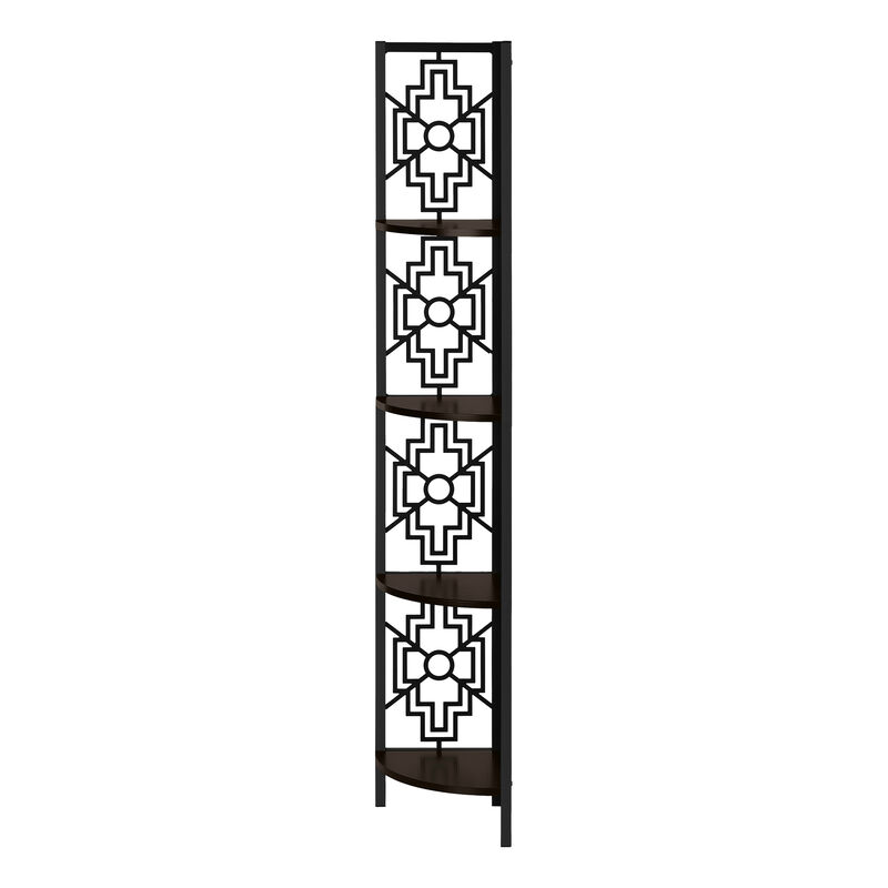 Monarch Specialties I 3622 Bookshelf, Bookcase, Etagere, Corner, 4 Tier, 62"H, Office, Bedroom, Metal, Laminate, Brown, Black, Transitional