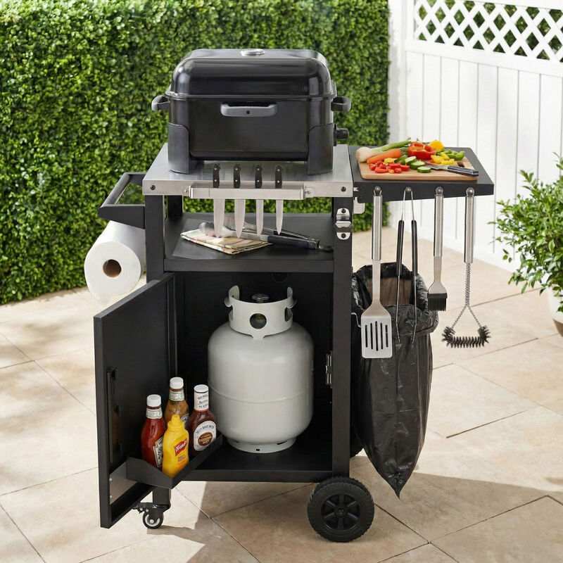 Whisen 33.9" Outdoor Grill Cart with Foldable Side Table, Removable Spice Rack, Wheels & Storage, Stainless Steel & Metal for BBQ Prep & Garden image number 2