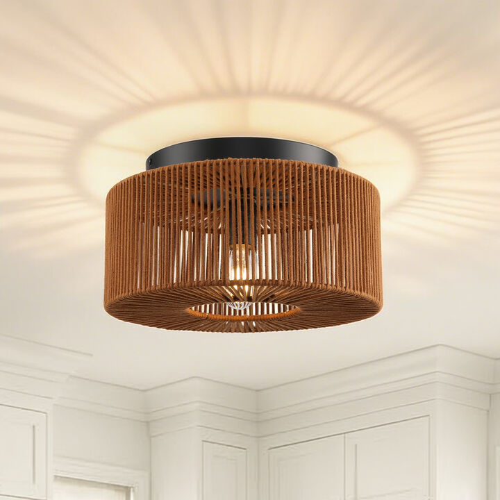 13.8" 1-Light Farmhouse Brown Caged Low Profile Ceiling Light with Cotton Thread Shade for Bedroom,  Dining Room or Entryway