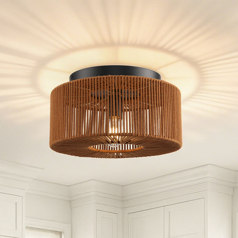 13.8" 1-Light Farmhouse Brown Caged Low Profile Ceiling Light with Cotton Thread Shade for Bedroom,  Dining Room or Entryway image number 1