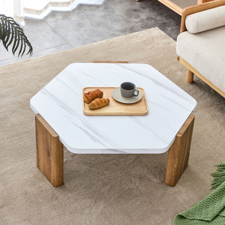 Modern practical MDF coffee table with white tabletop and wooden toned legs. Suitable for living rooms and guest rooms.