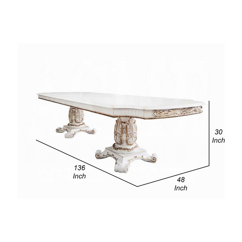 Antoine Dining Table, Carved Double Pedestal, 94-136 Inch, Pearl White