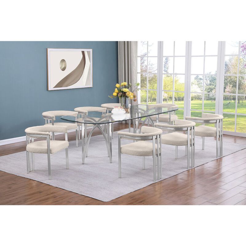 Best Quality Furniture 9Pc Tempered Glass Dining Table Set With 8 Cream With Matte Silver Side Chairs