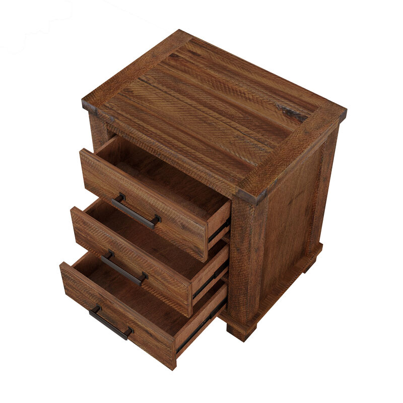 Merax Reclaimed Pine 3-Drawer Nightstand with Antique Zinc Pulls &ndash; Rustic Distressed Finish image number 4