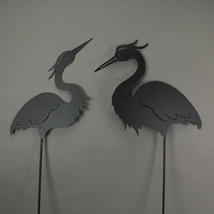 Set / 2 Black Laser-Cut Heron Silhouette Cutout Metal Bird Garden Stakes 43 Inch