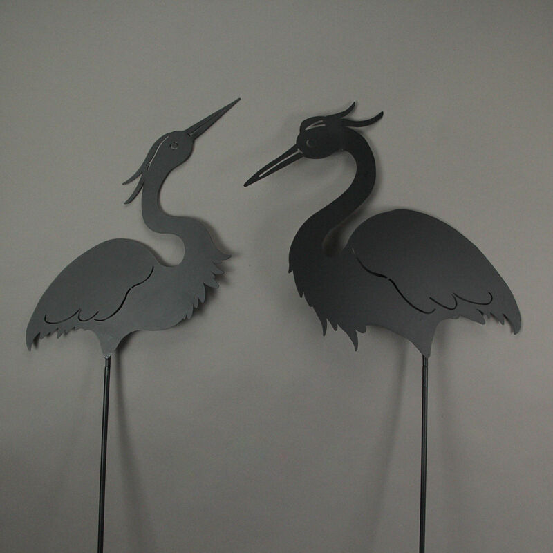 Set / 2 Black Laser-Cut Heron Silhouette Cutout Metal Bird Garden Stakes 43 Inch image number 1