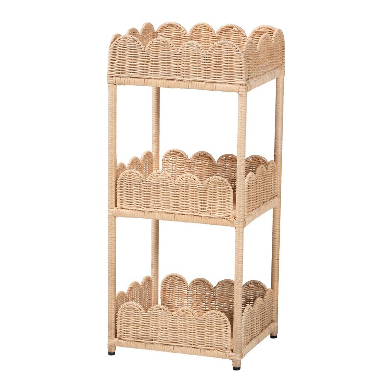bali & pari Brooks Natural Rattan 3-Tier Storage Shelf &ndash; Handwoven Wicker Display Stand with Scalloped Borders, Coastal Boho Accent Furniture image number 0