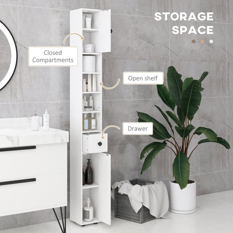 71" Tall Bathroom Storage Cabinet, Narrow Toilet Cabinet with Open Shelves, 2 Door Cabinets, Adjustable Shelves for Kitchen & Hallway, White image number 4