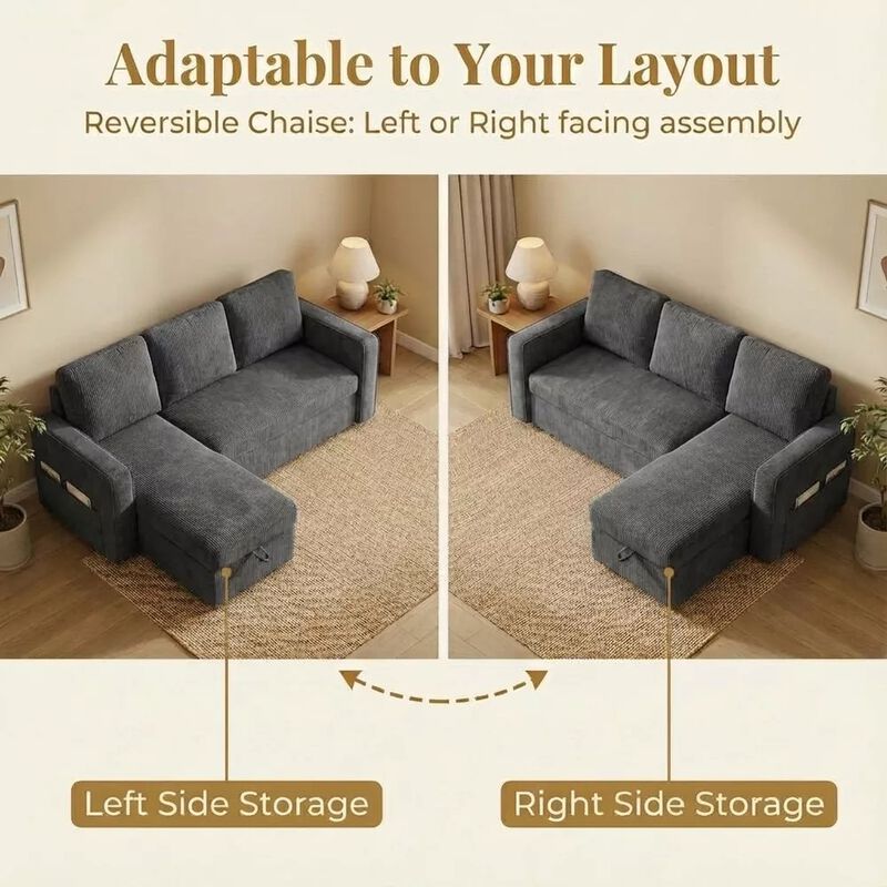 81" Sleeper Sofa Bed, 2 in 1 Pull Out Couch, Sectional Sofa with Reversible Storage, Side Pockets image number 5