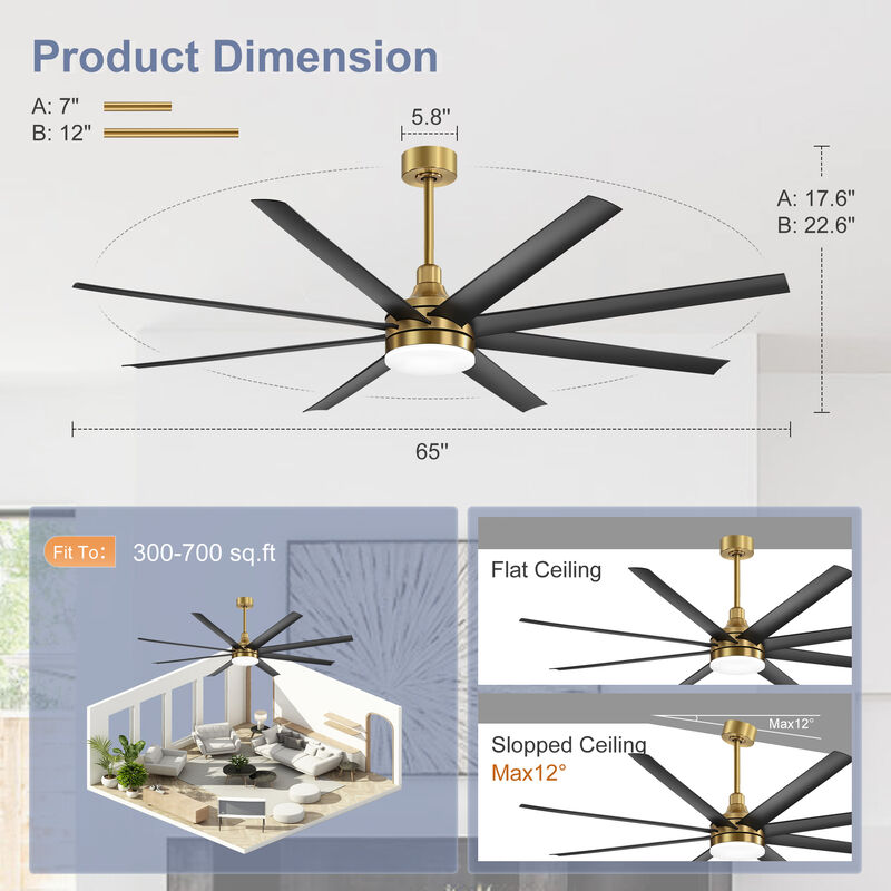 Breezary 65 in Ceiling Fan with Light, 8 ABS Blades, Remote Control, Reversible DC Motor, 6 Speeds image number 6